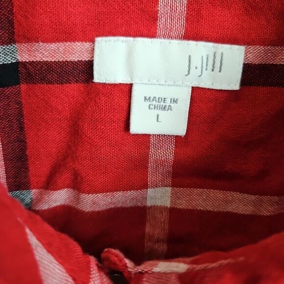 J Jill Blouse Womens L Long Sleeve Red Plaid Button Tunic Long Length Pockets - Picture 2 of 12